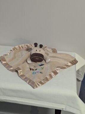 Plush Cow Giraffe Security Blanket in Beige - Busy Bee Embroidered